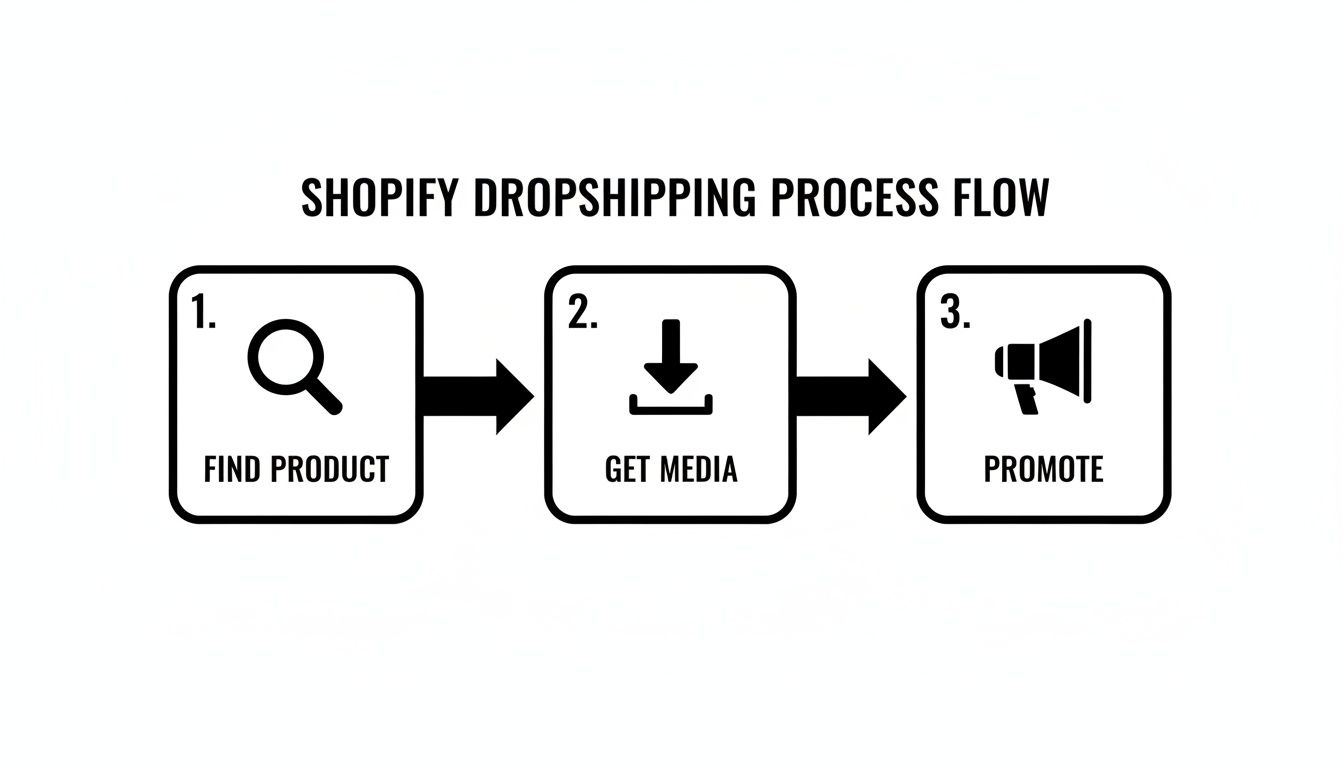 A clear, concise 3-step Shopify dropshipping process flow: Find Product, Get Media, Promote.