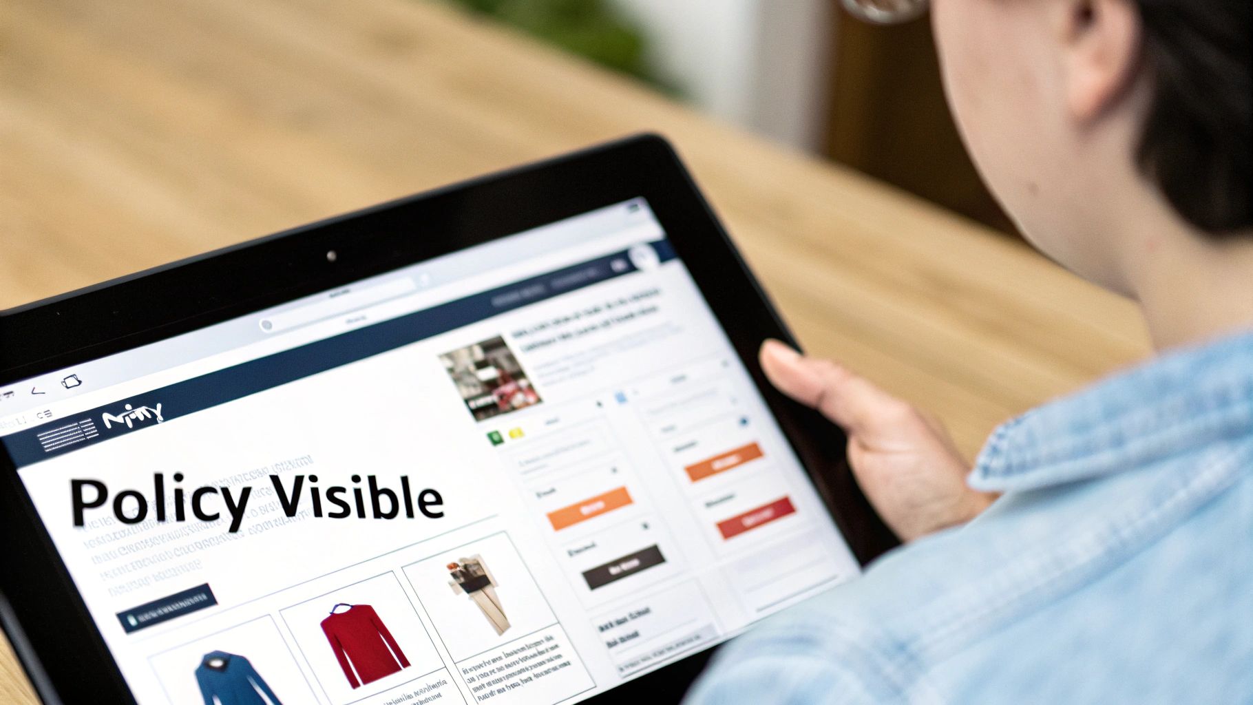 Customer service representative pointing to a policy on a tablet screen, explaining it to a customer.