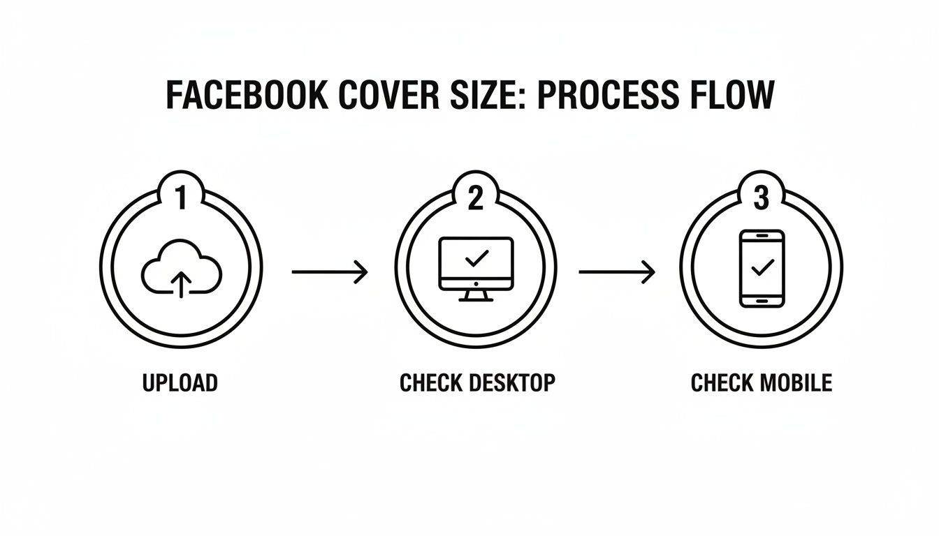A three-step process flow for ensuring correct Facebook cover image size: upload, check desktop, then check mobile.