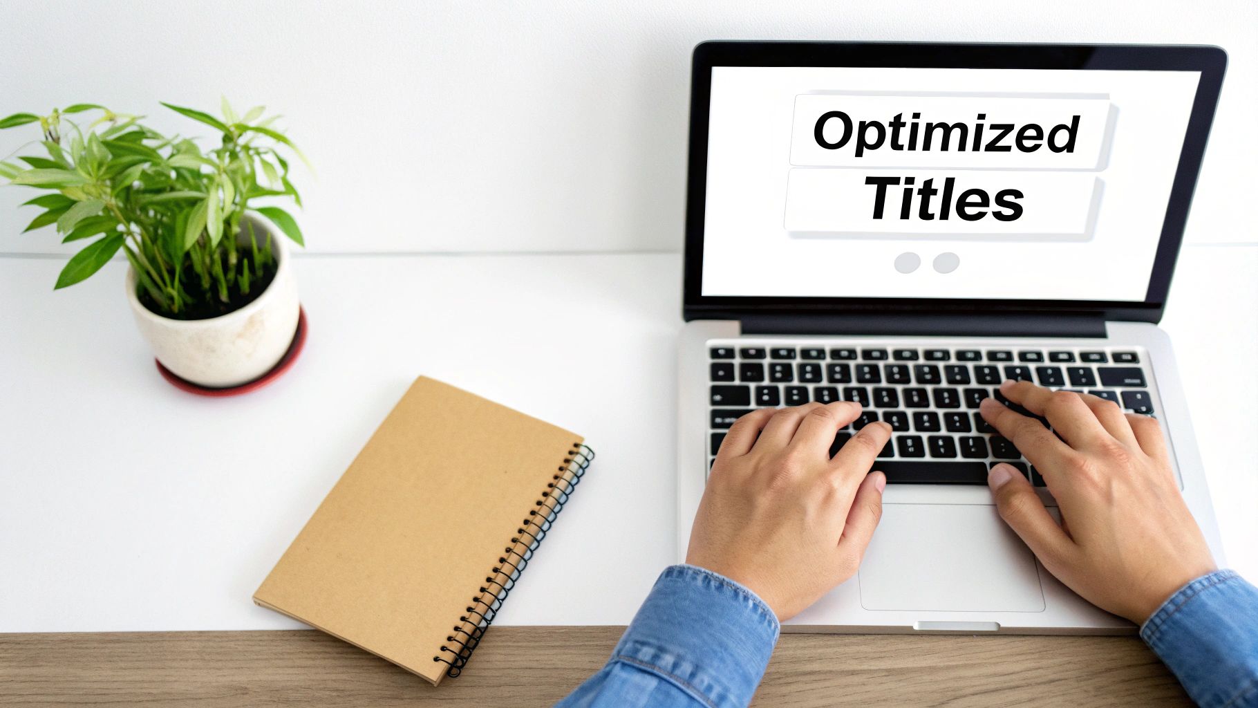 Hands typing on a laptop showing 'Optimized Titles' on screen, with a plant and notebook on a desk.