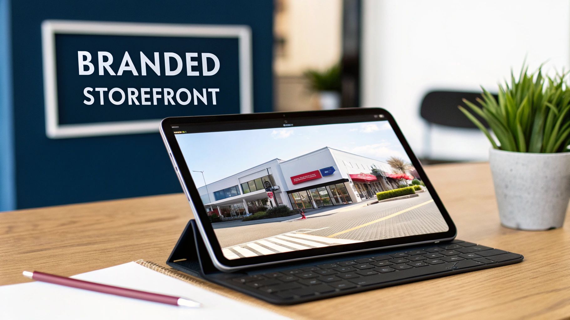 A tablet on a wooden desk displays a modern branded storefront, with a pen and plant nearby.