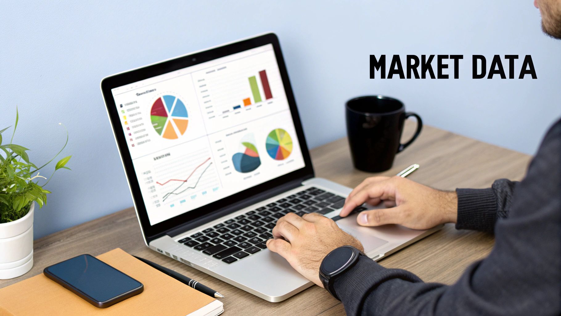 Person analyzing market data on a laptop with various charts, coffee, and a plant on a wooden desk.
