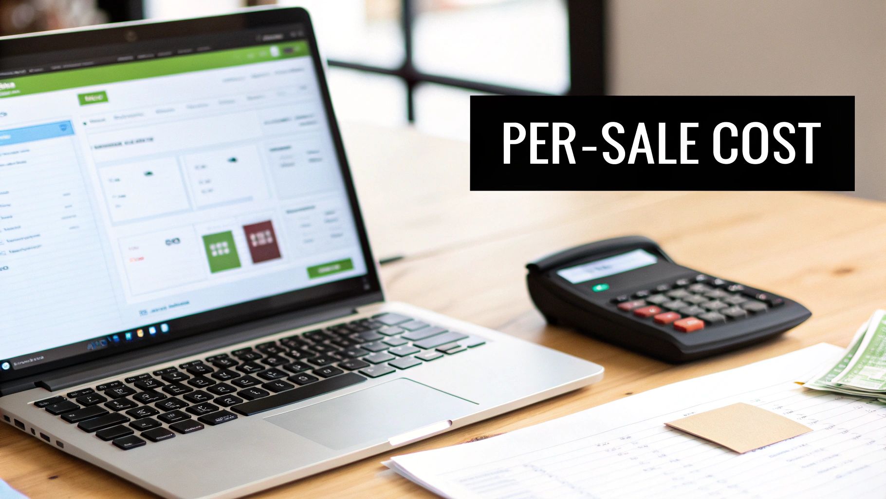 A laptop showing business software, calculator, and financial documents on a desk with 'PER-SALE COST' text.