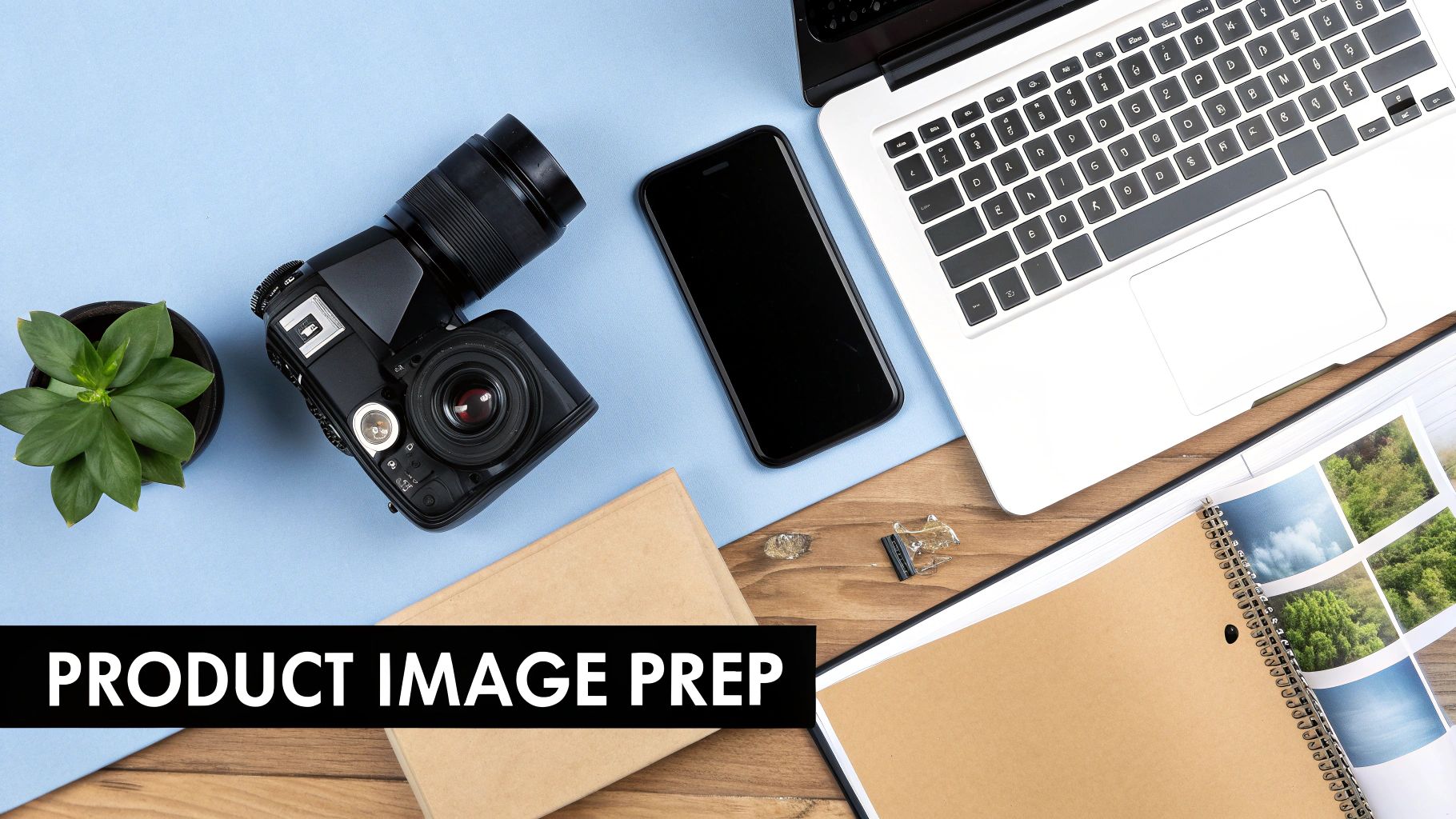 Flat lay of camera, smartphone, laptop, and notebook on a blue and wooden desk, showing product image prep tools.