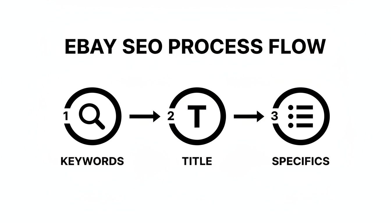Flowchart illustrating the eBay SEO process, showing steps for keywords, title, and item specifics.
