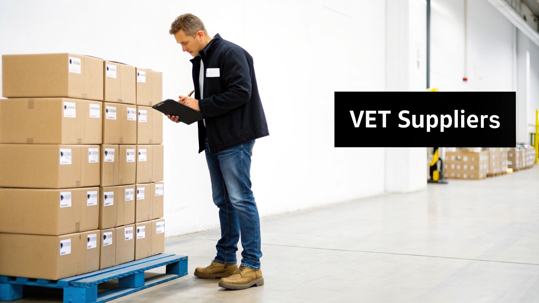 A person inspecting product quality in a busy warehouse environment