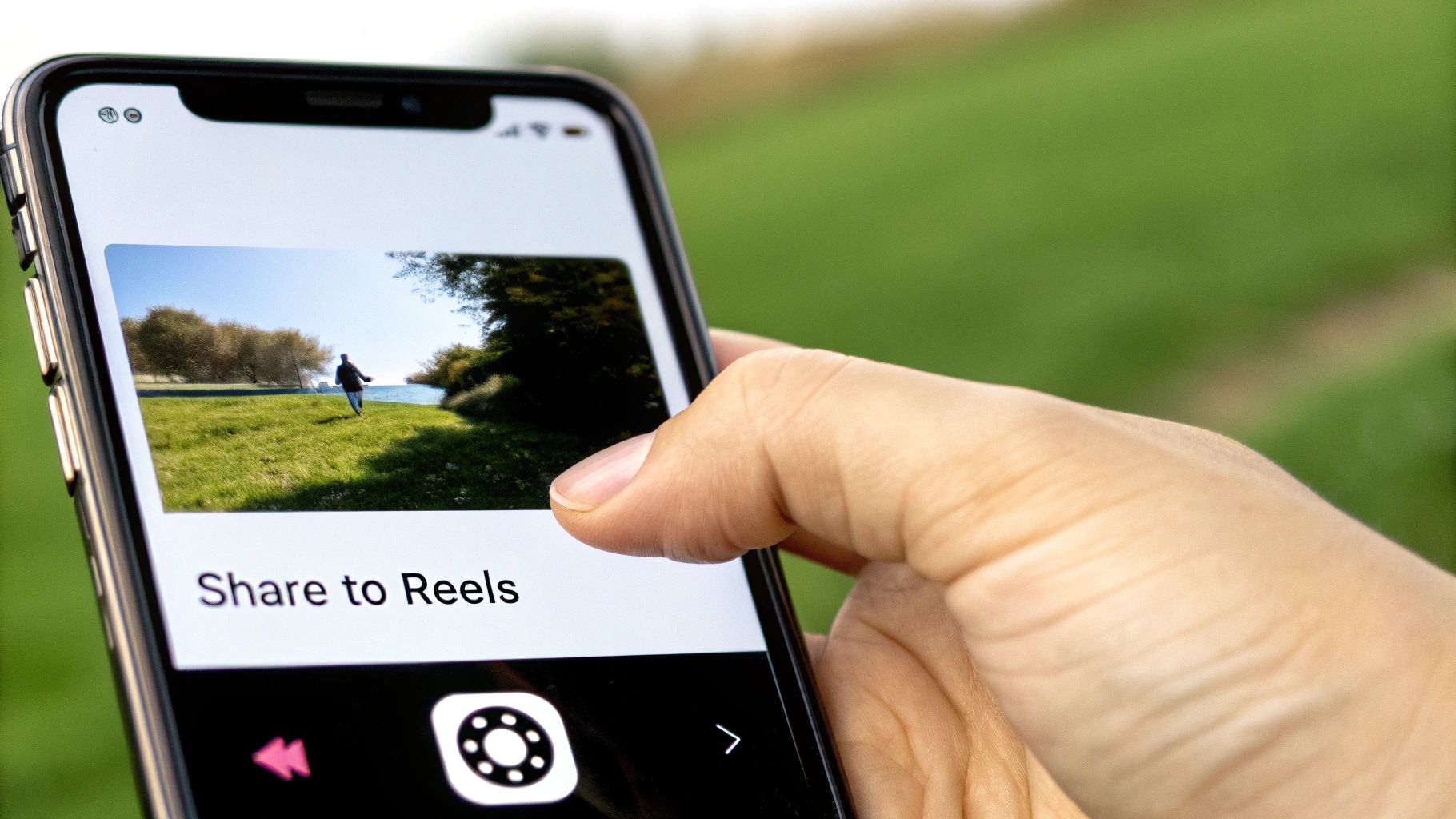 Close-up of a hand holding a smartphone with a video and "Share to Reels" on screen.