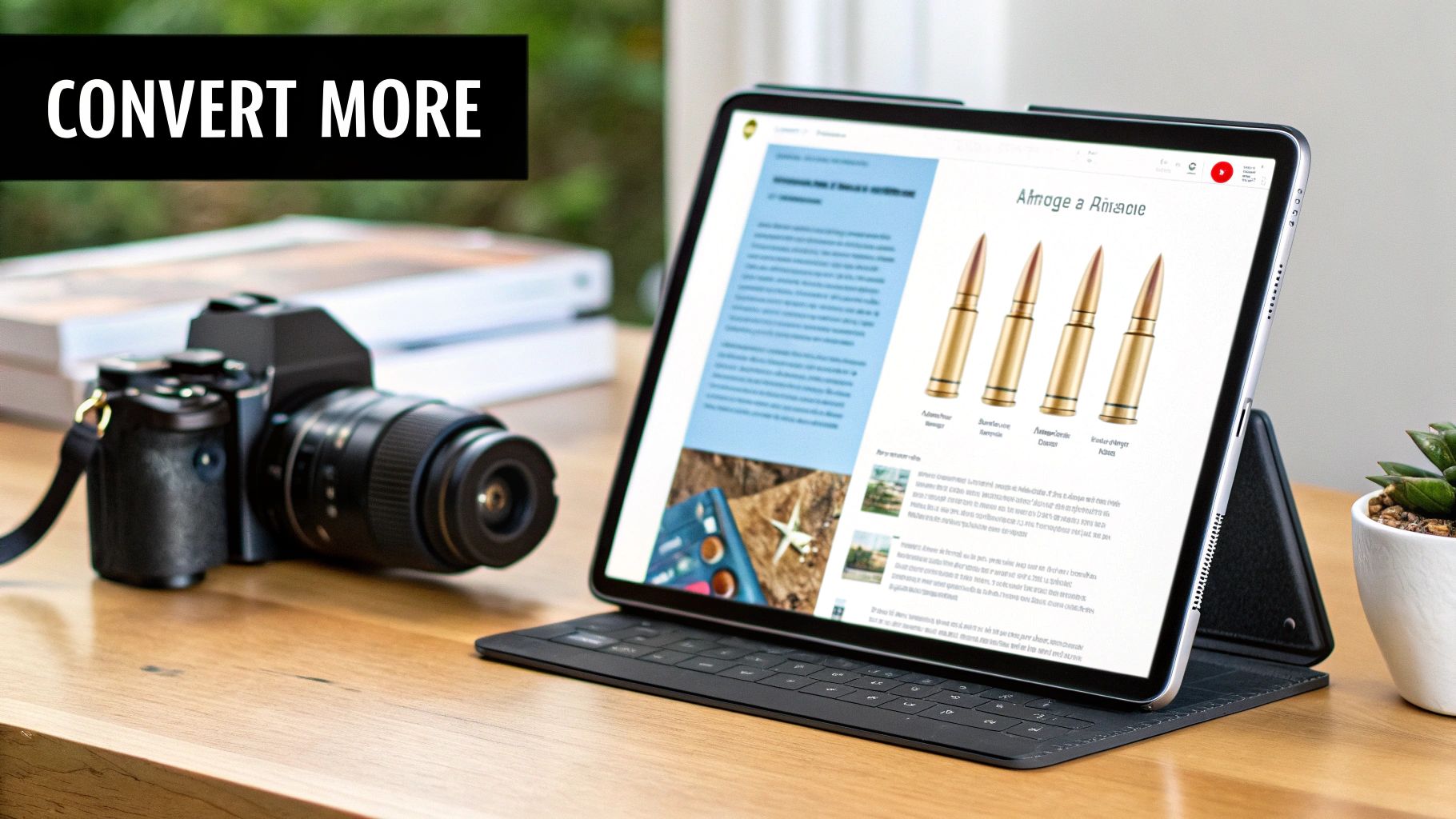 Desk setup featuring a digital camera and a tablet displaying a document, with a 'CONVERT MORE' banner.