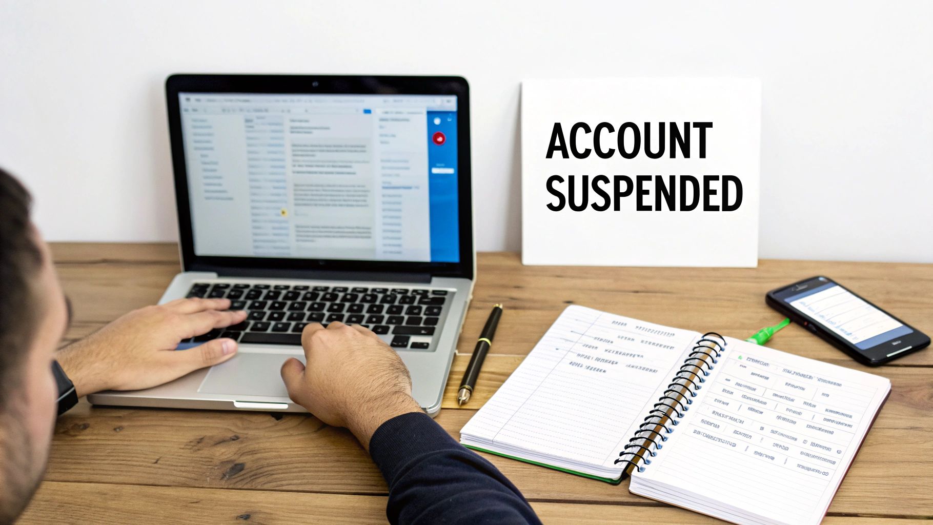 Person typing on a laptop with an 'ACCOUNT SUSPENDED' sign prominently displayed on a desk.