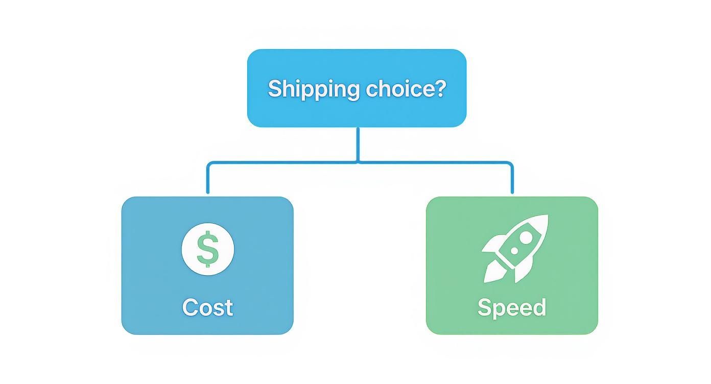 An infographic decision tree comparing shipping options based on cost and speed for AliExpress and DHgate.