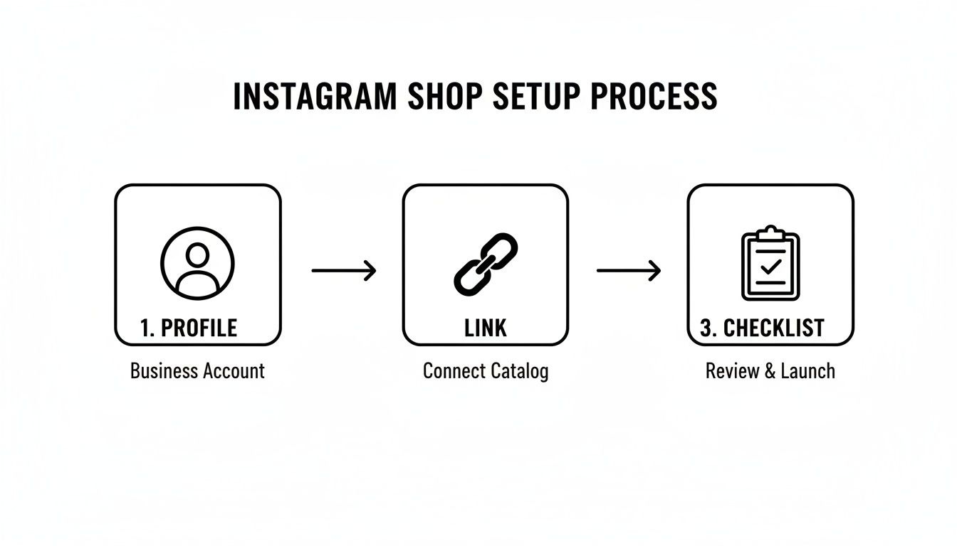 Diagram illustrating the three-step Instagram shop setup process: set up profile, link catalog, then review and launch.