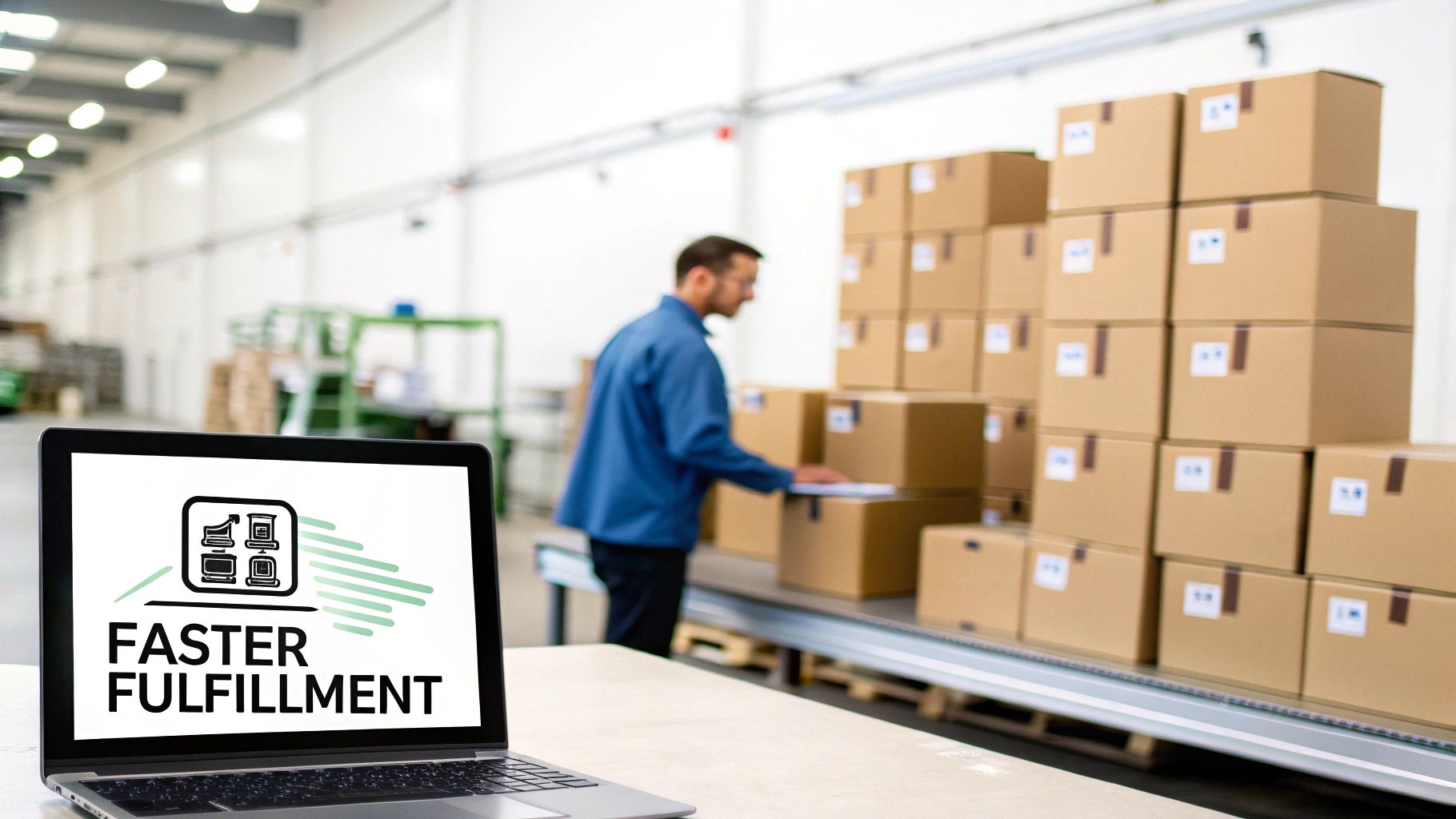 An organized warehouse with a conveyor belt, showing an efficient fulfillment process in action.