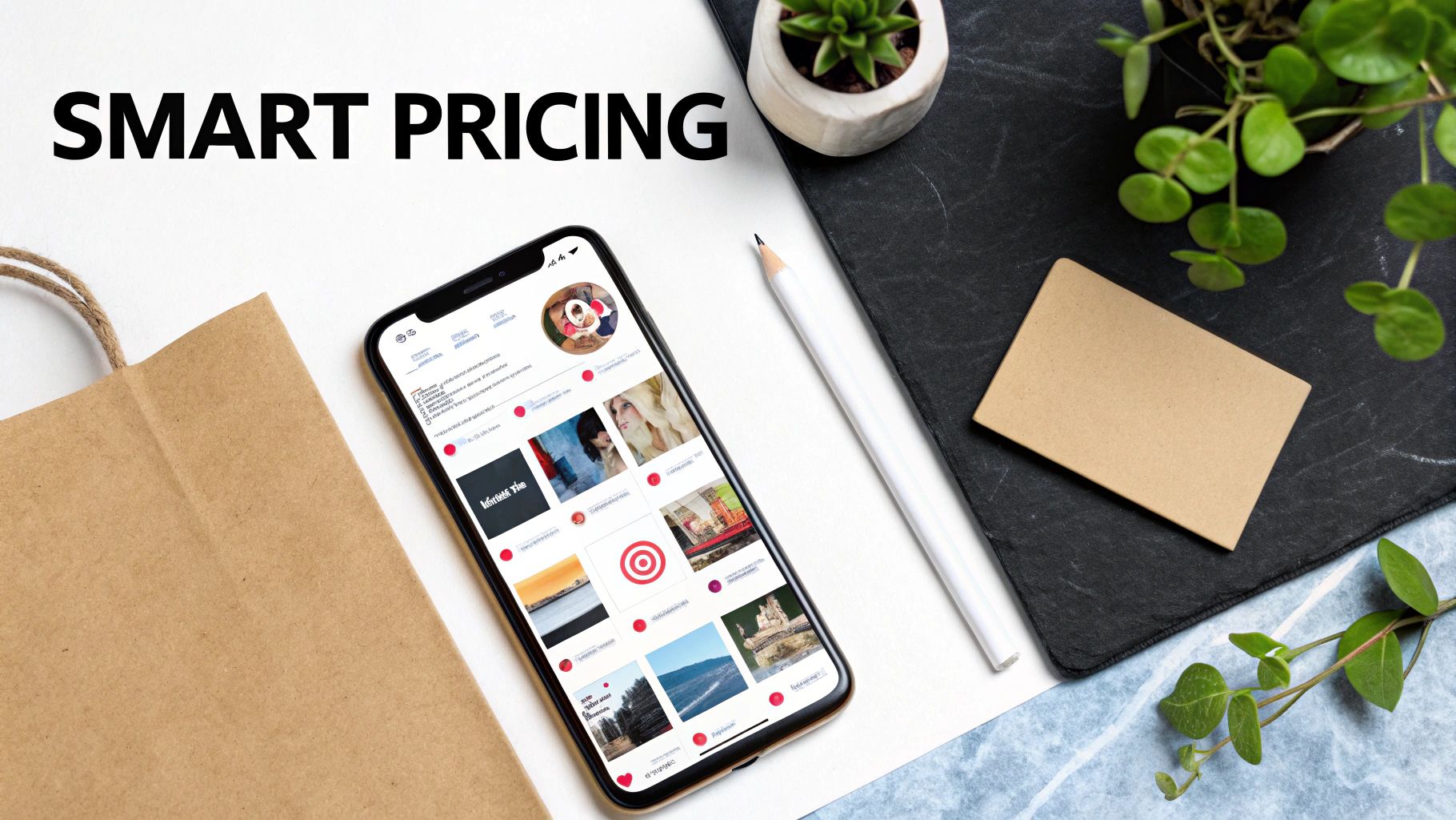 Flat lay of a workspace with a smartphone displaying images, a paper bag, and a pencil, featuring 'SMART PRICING' text.