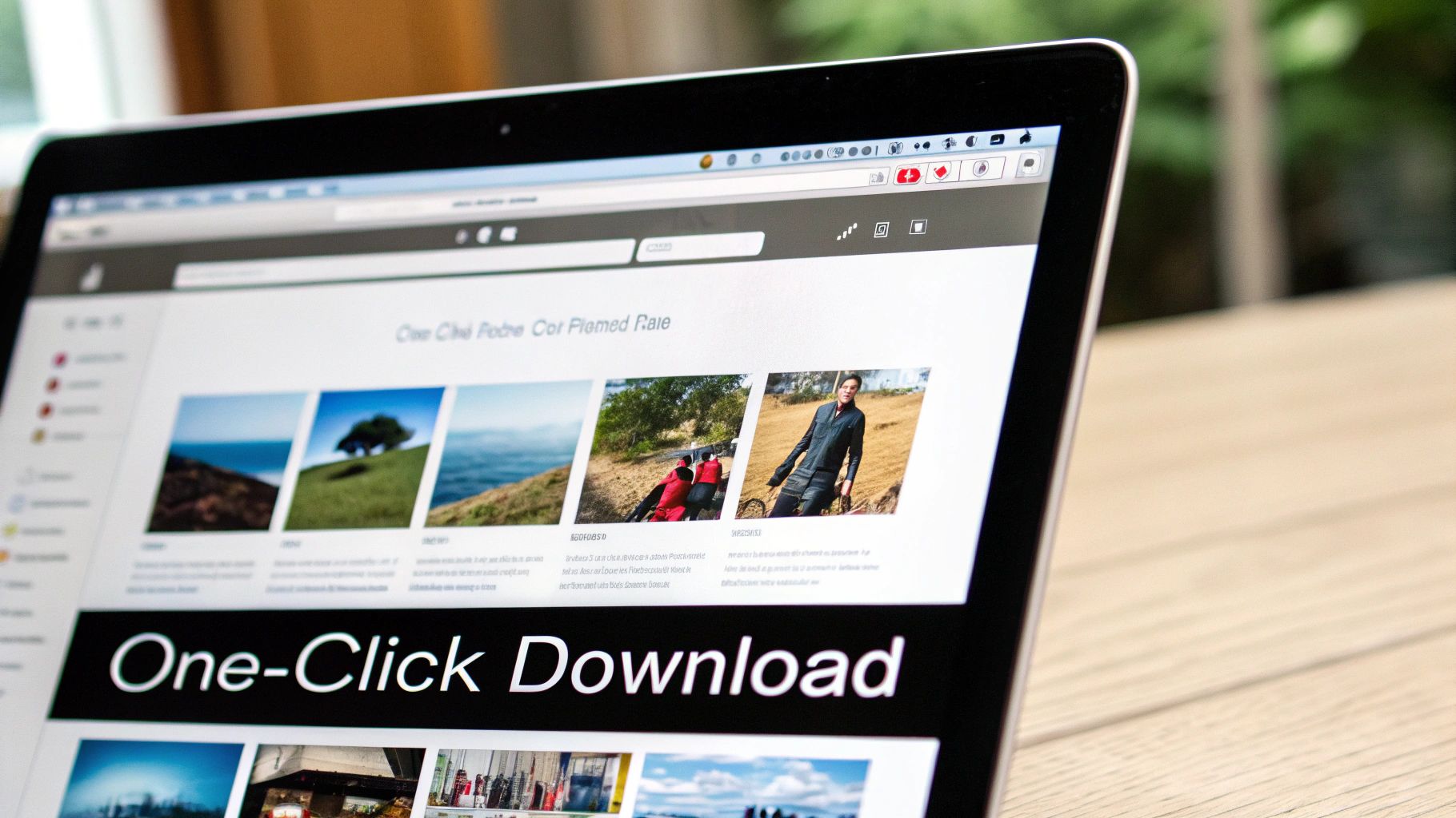 A close-up of a laptop screen displaying a website with images and a "One-Click Download" section.