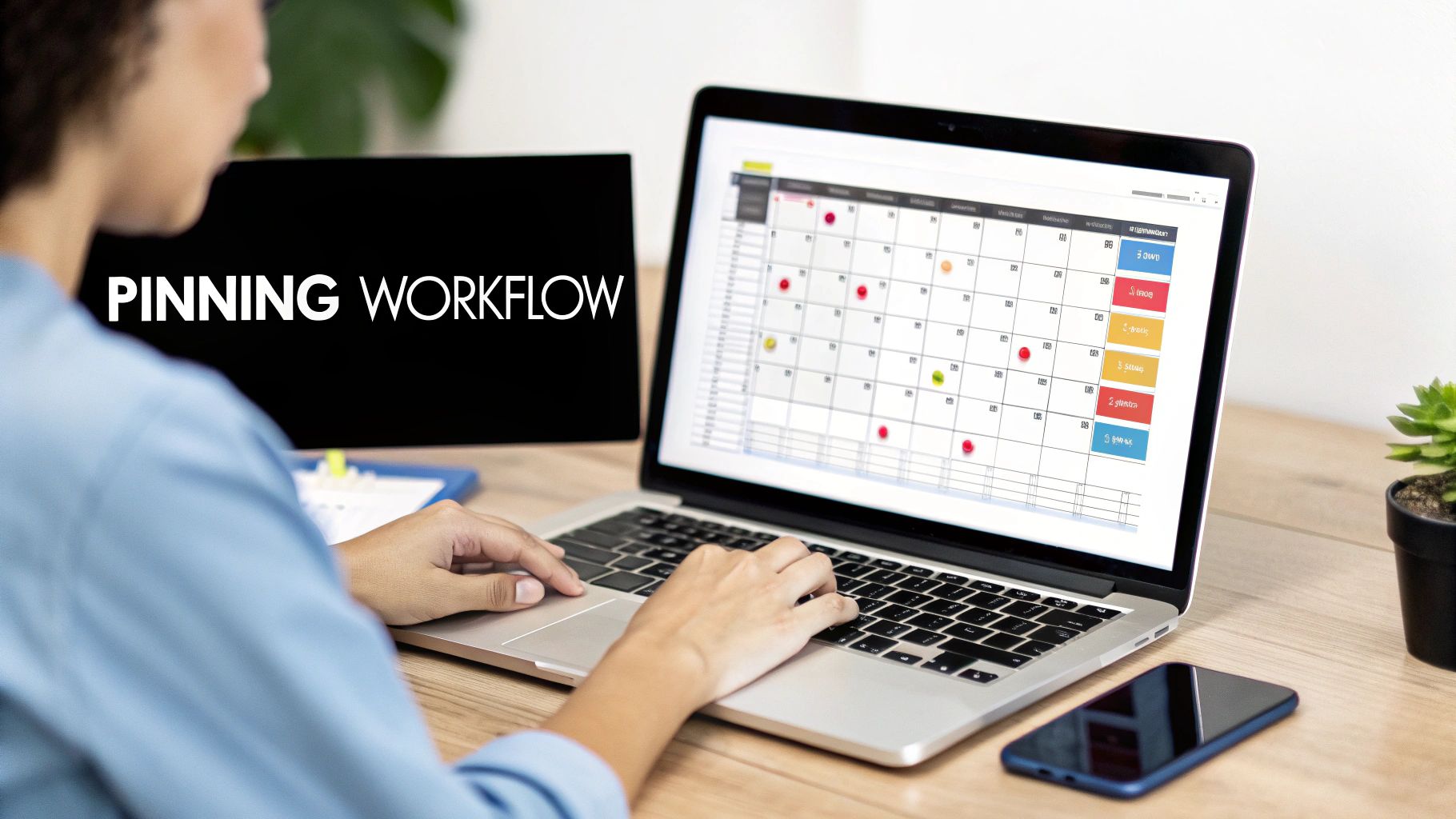 A person's hands type on a laptop displaying a calendar, with a 'PINNING WORKFLOW' screen nearby.