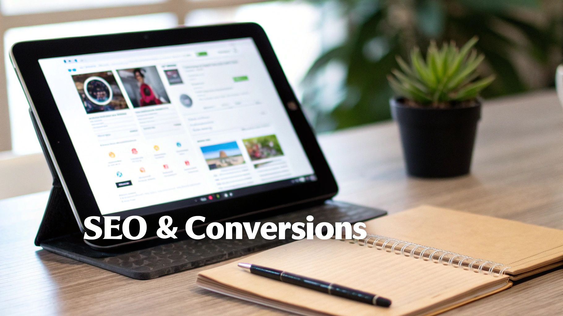 A tablet displaying a website with images, a notebook, and a pen on a wooden desk, symbolizing digital marketing.