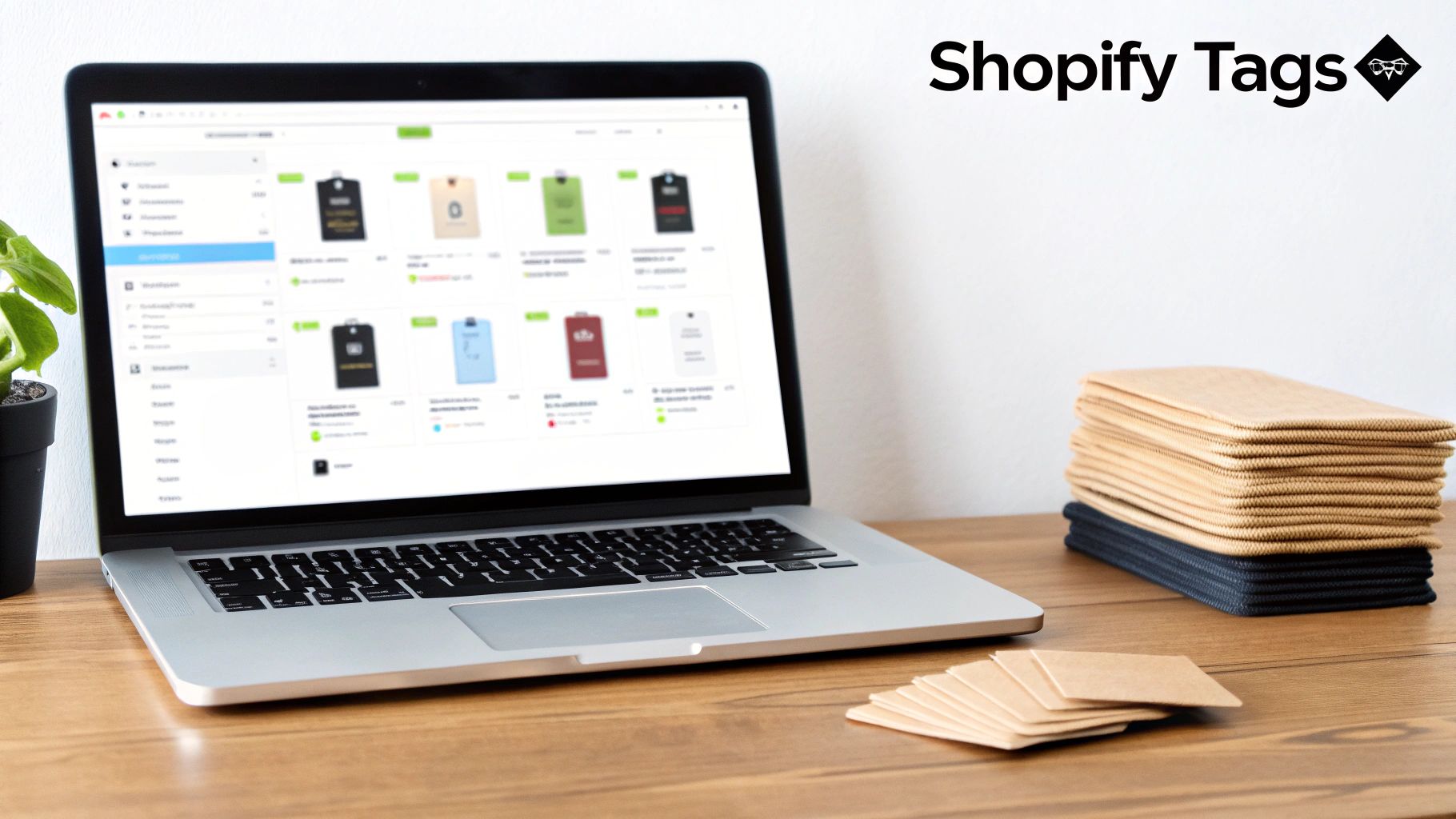 A laptop displays the Shopify interface with product tags, alongside stacks of physical tags on a wooden desk, emphasizing e-commerce organization.