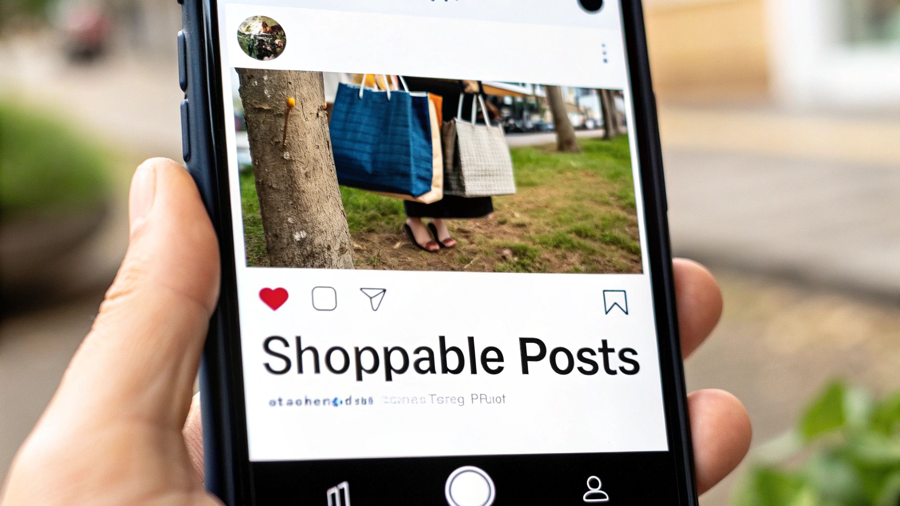 Close-up of a hand holding a smartphone displaying an Instagram post about 'Shoppable Posts' with a person holding shopping bags.