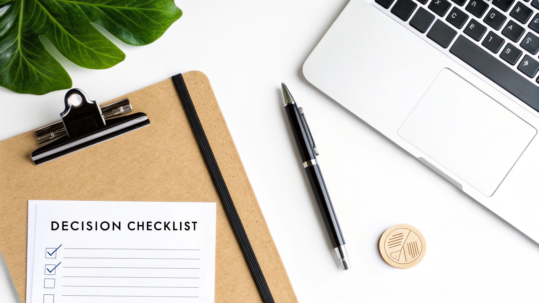 Decision checklist on clipboard with laptop, pen, and green plant on white desk workspace