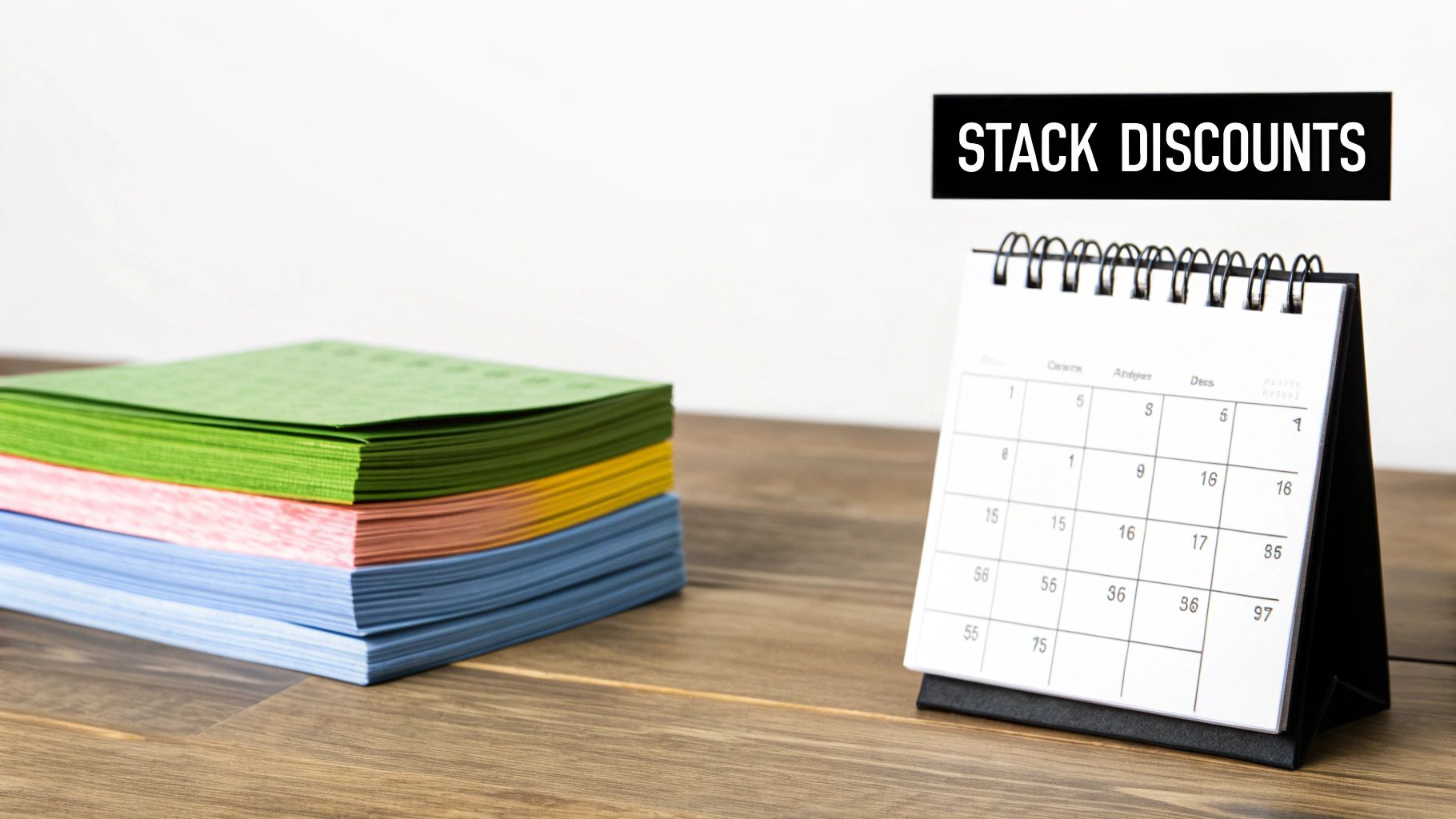 Stack of colorful paper napkins beside desk calendar showing promotional discount planning concept