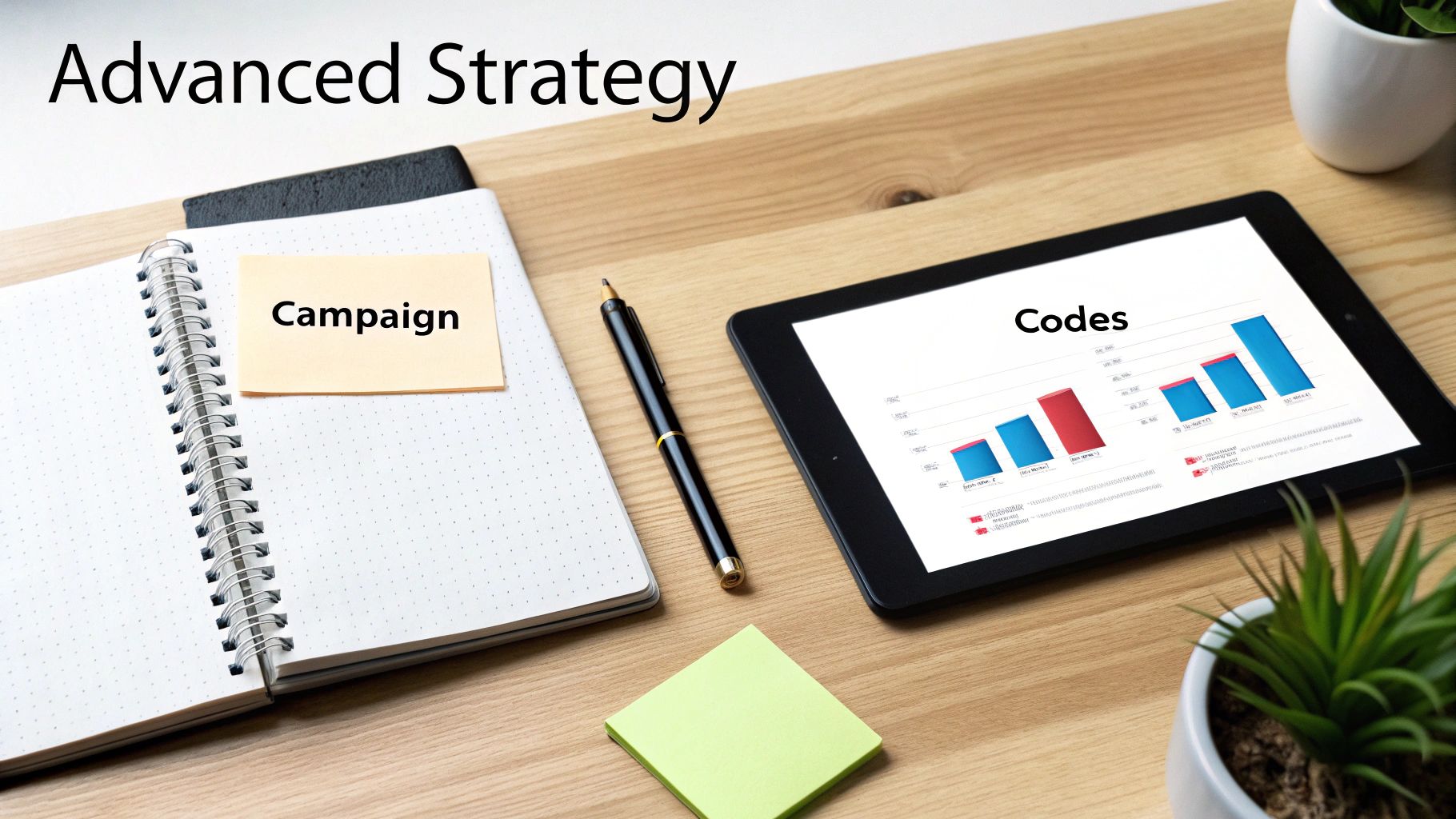 Advanced Strategy text above a notebook with 'Campaign' sticky note and a tablet showing 'Codes' chart.