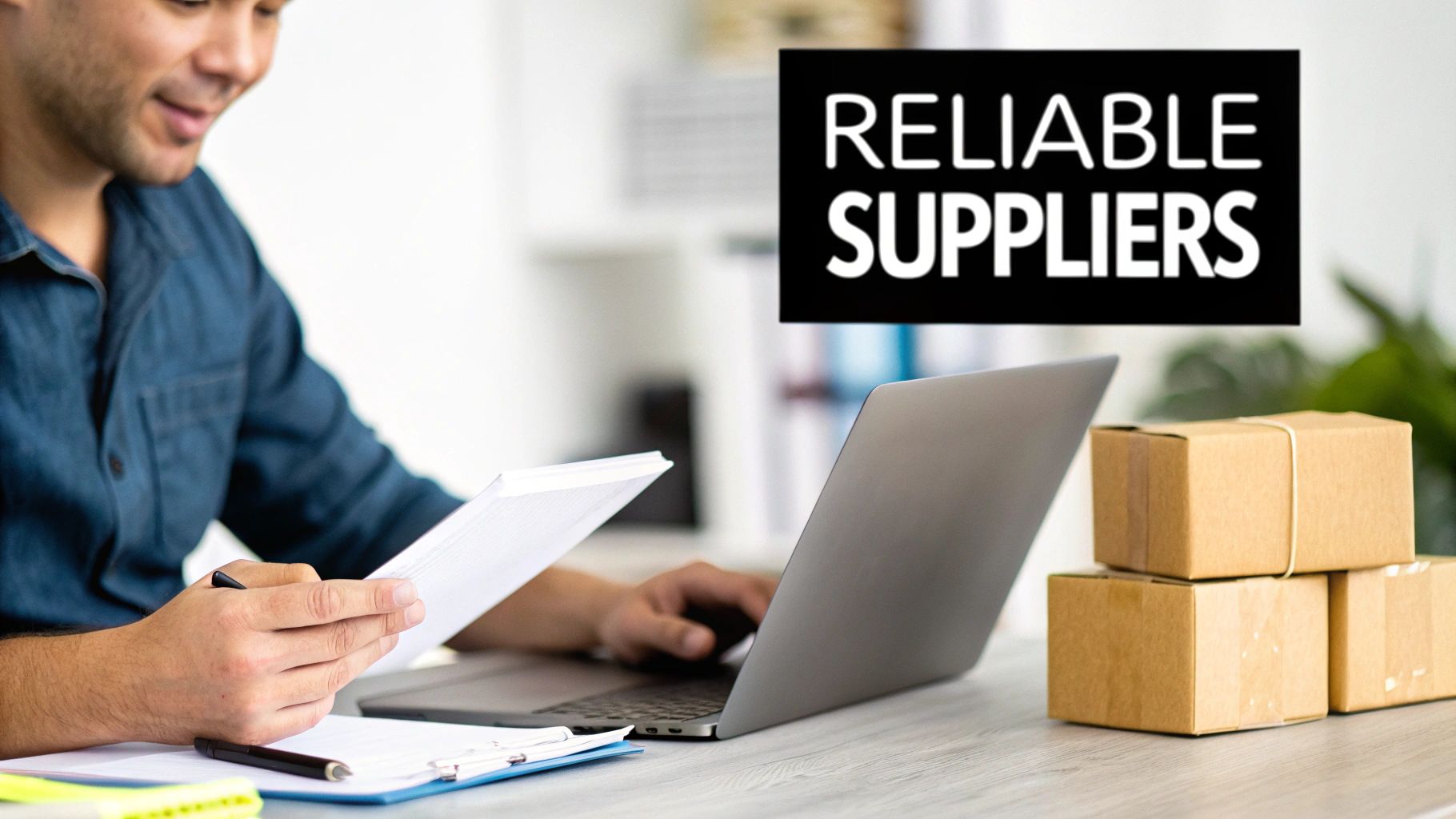 Businessman working on laptop, reviewing documents with "Reliable Suppliers" text and shipping boxes.