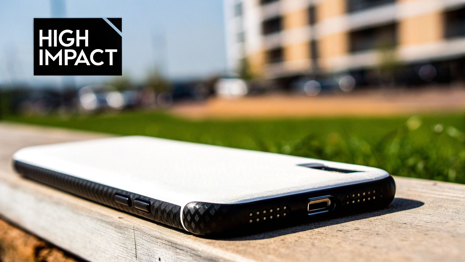 A white and black smartphone case with a textured edge rests on a wooden surface outdoors, with a 'HIGH IMPACT' logo.