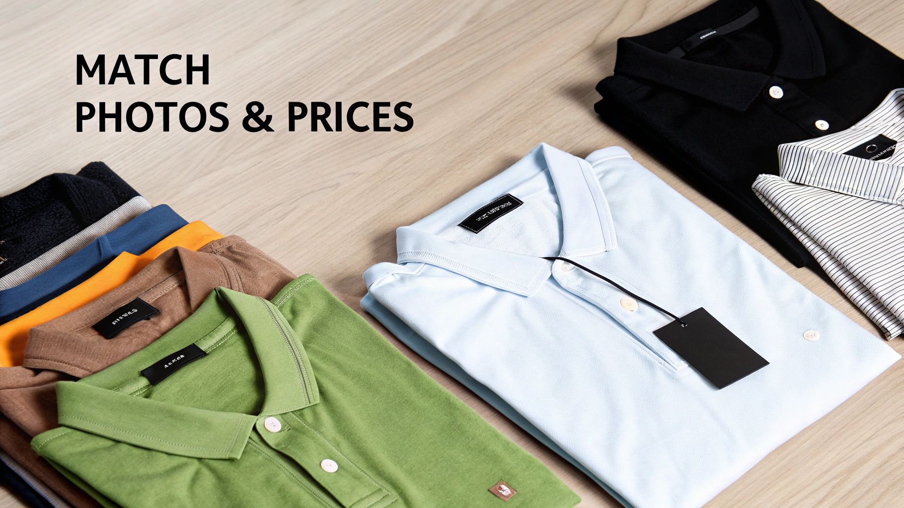 A neatly arranged display of folded polo shirts in various colors on a wooden surface.