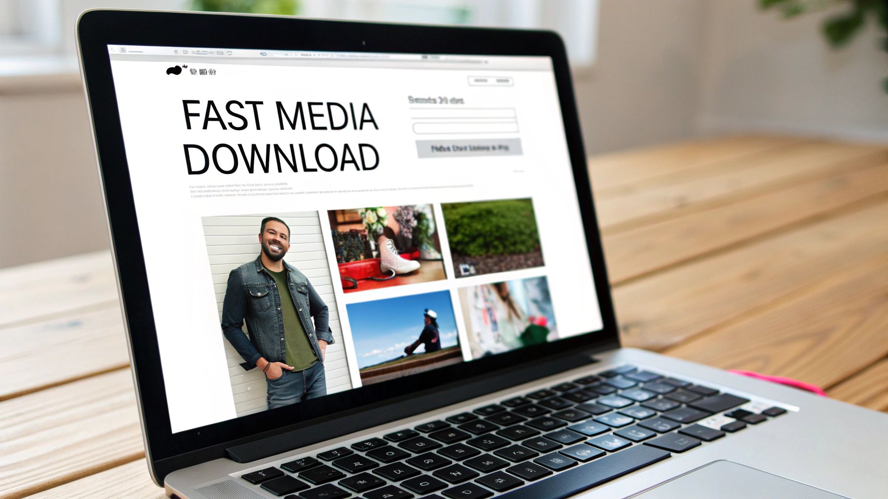A laptop screen displays a website featuring 'FAST MEDIA DOWNLOAD' with various images and a smiling man.