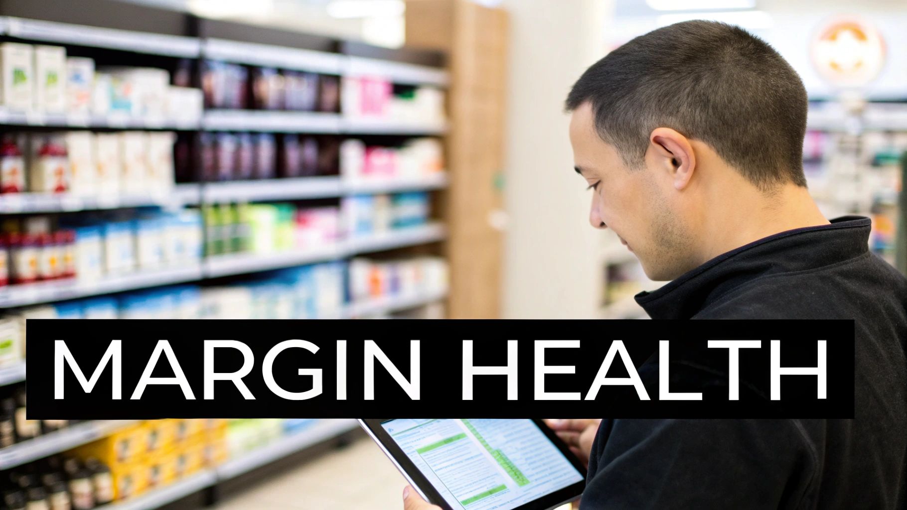 An image showing a business owner reviewing charts and graphs on a tablet, with product inventory in the background, symbolizing financial health analysis.