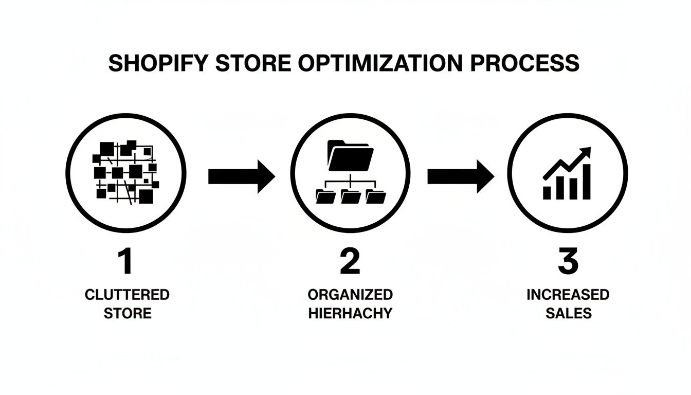 Shopify store optimization process visualizes transforming a cluttered store into an organized hierarchy for increased sales.