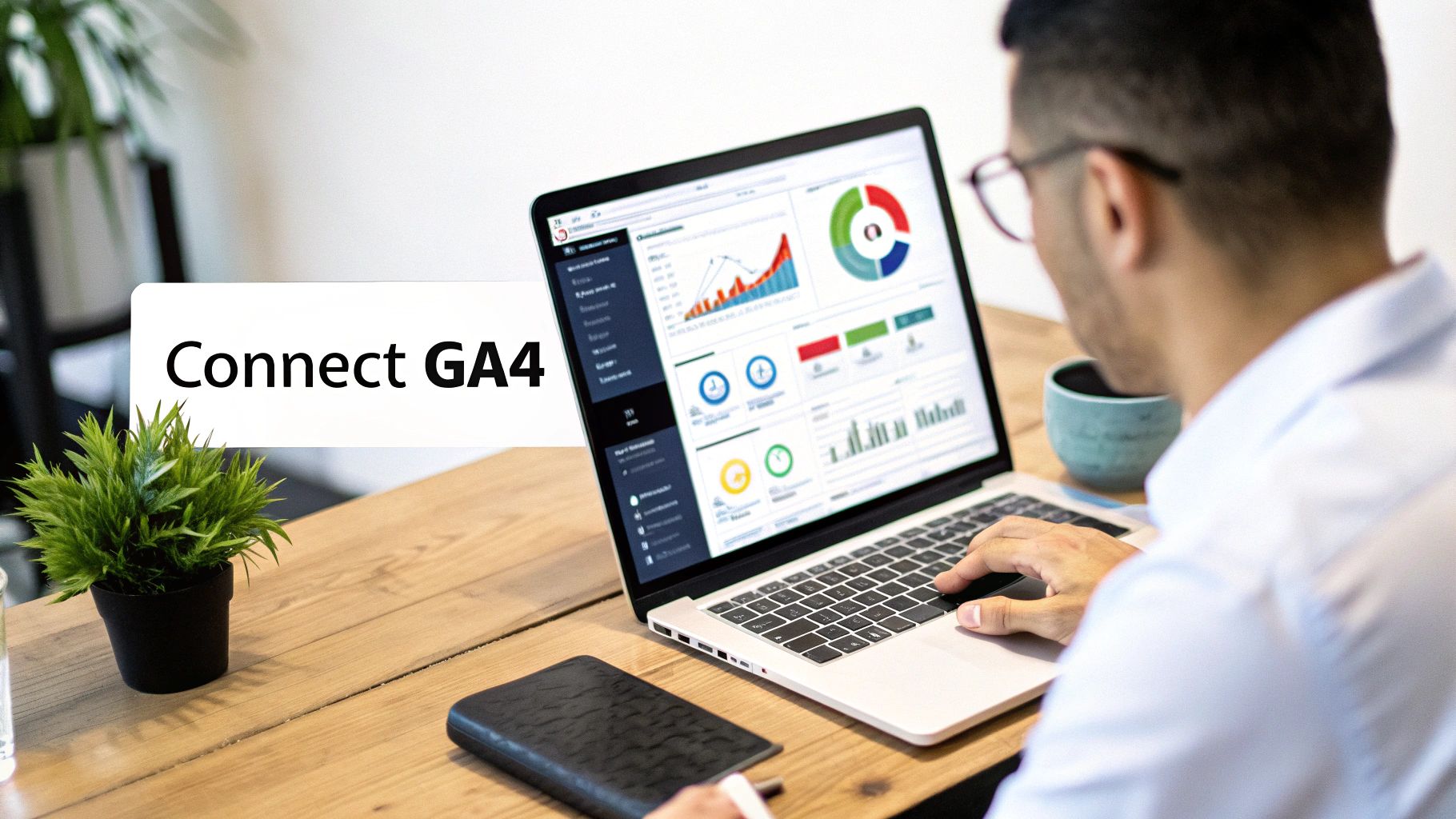 Man in glasses working on a laptop, connecting GA4 to view data analytics dashboards.