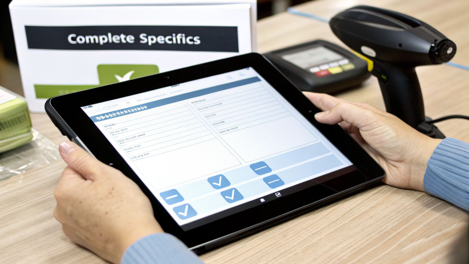Person holding a tablet with a digital form, a barcode scanner, and a 'Complete Specifics' box.