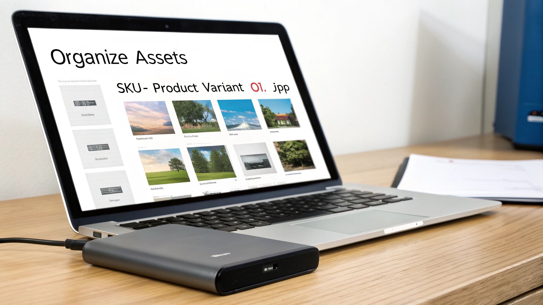 A laptop displaying an 'Organize Assets' screen with product variant files, connected to an external hard drive.