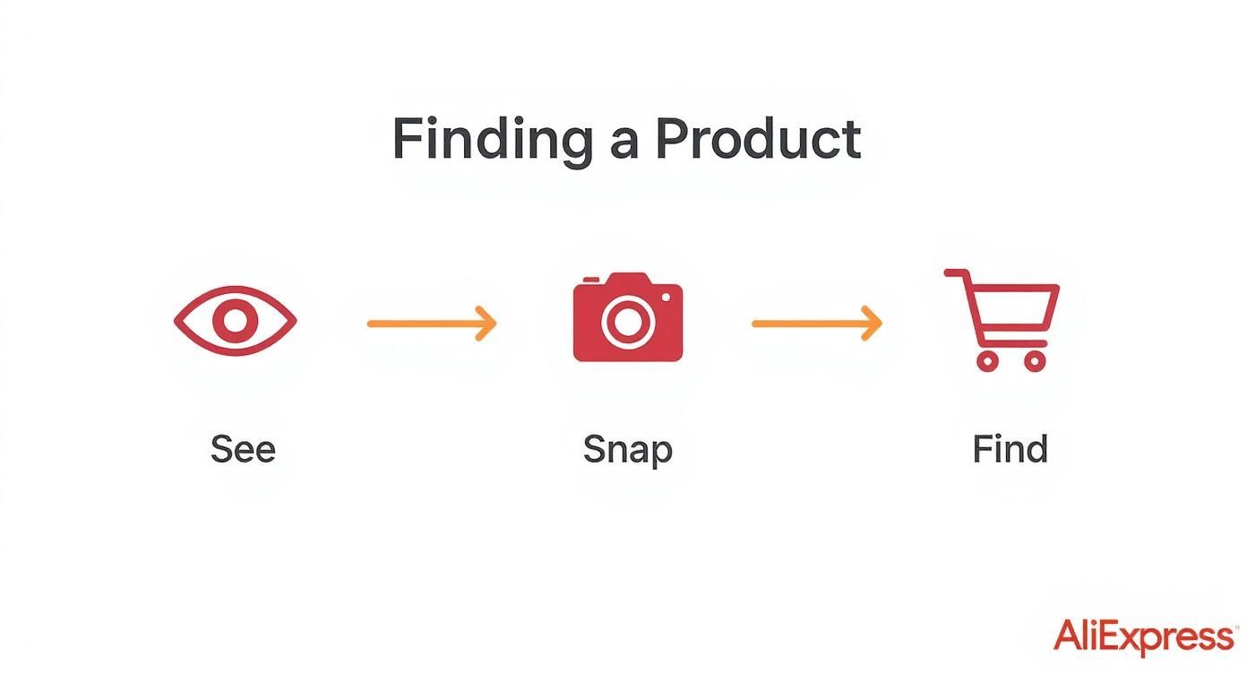 A diagram illustrating the three steps to find products: See, Snap, Find, with corresponding icons.