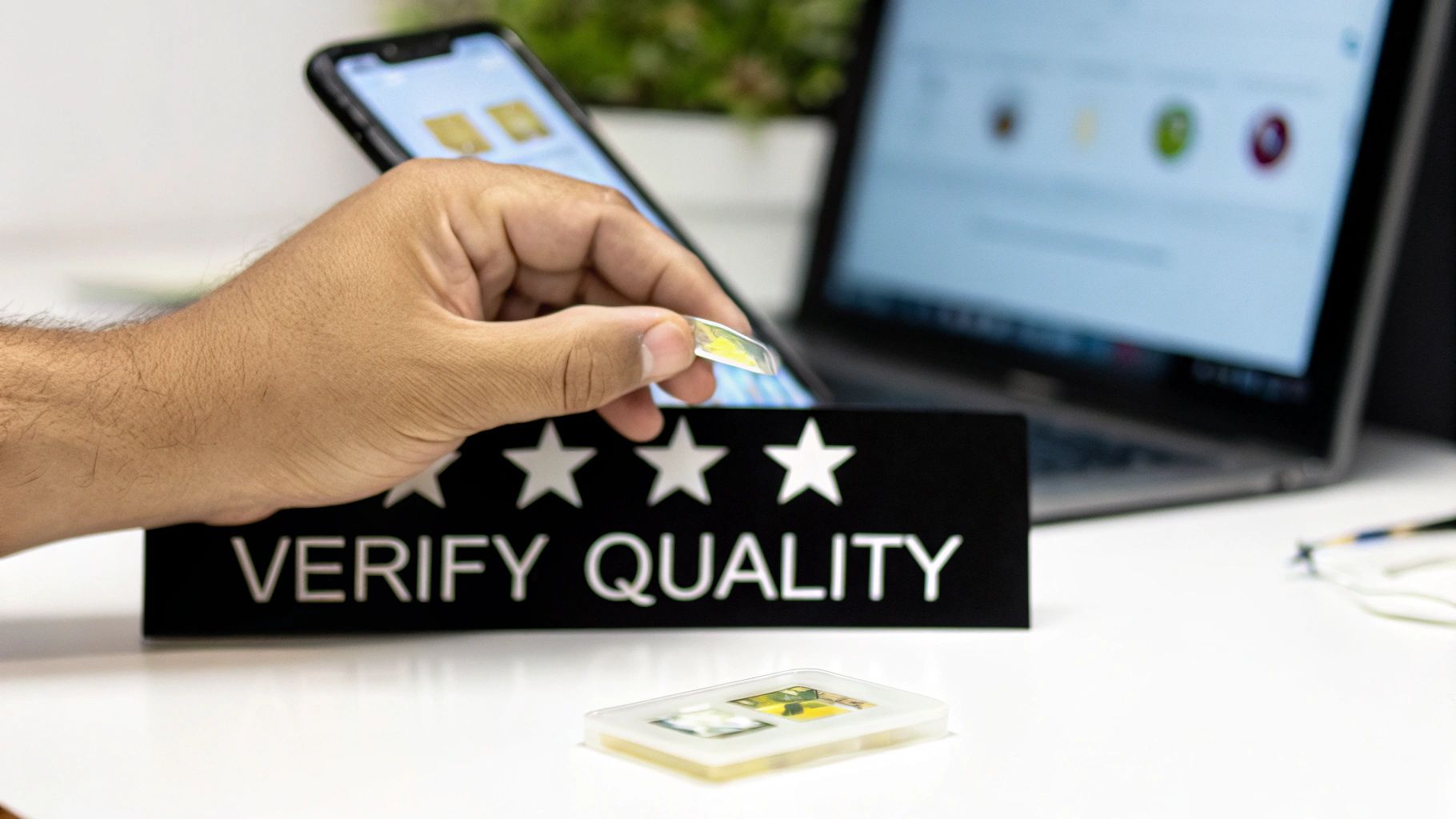 A magnifying glass hovering over a factory icon, symbolizing the inspection of seller reliability and product quality.