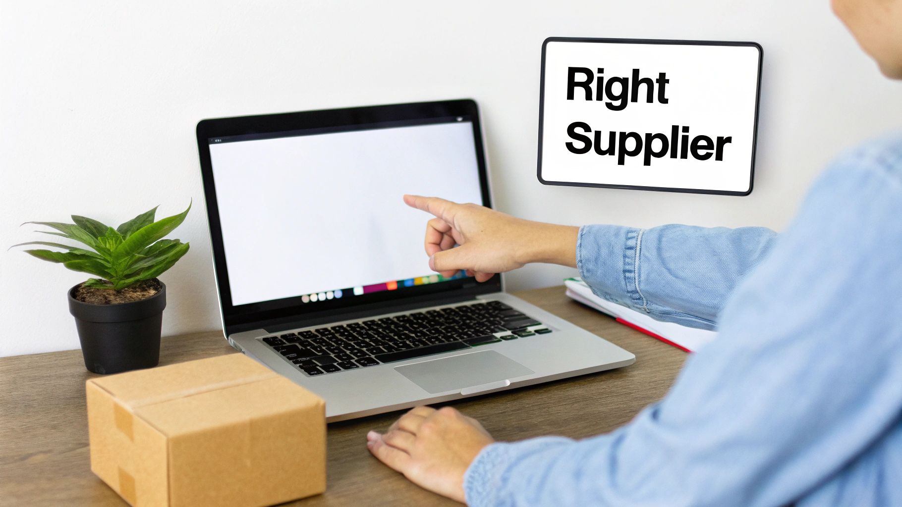 Person pointing at a laptop screen, with a 'Right Supplier' sign and a package on the desk.