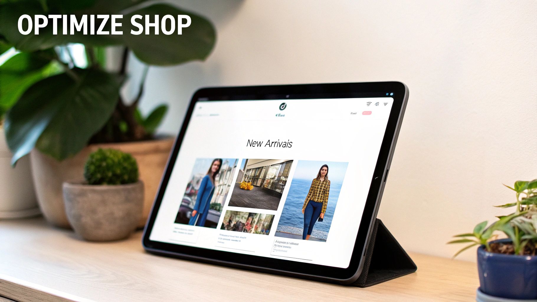 A tablet displaying an e-commerce website with 'New Arrivals' and product images, sitting on a wooden desk next to plants.