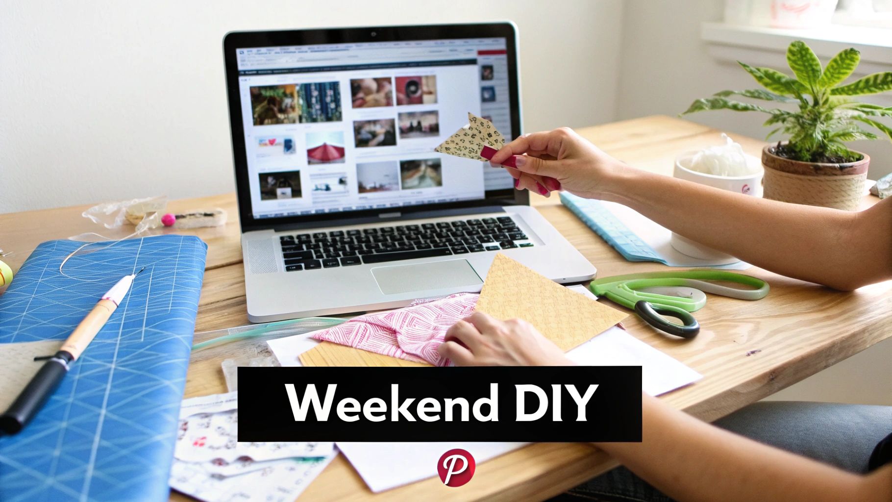 Person engaged in a weekend DIY craft project at a wooden desk with a laptop, fabric, and crafting tools.
