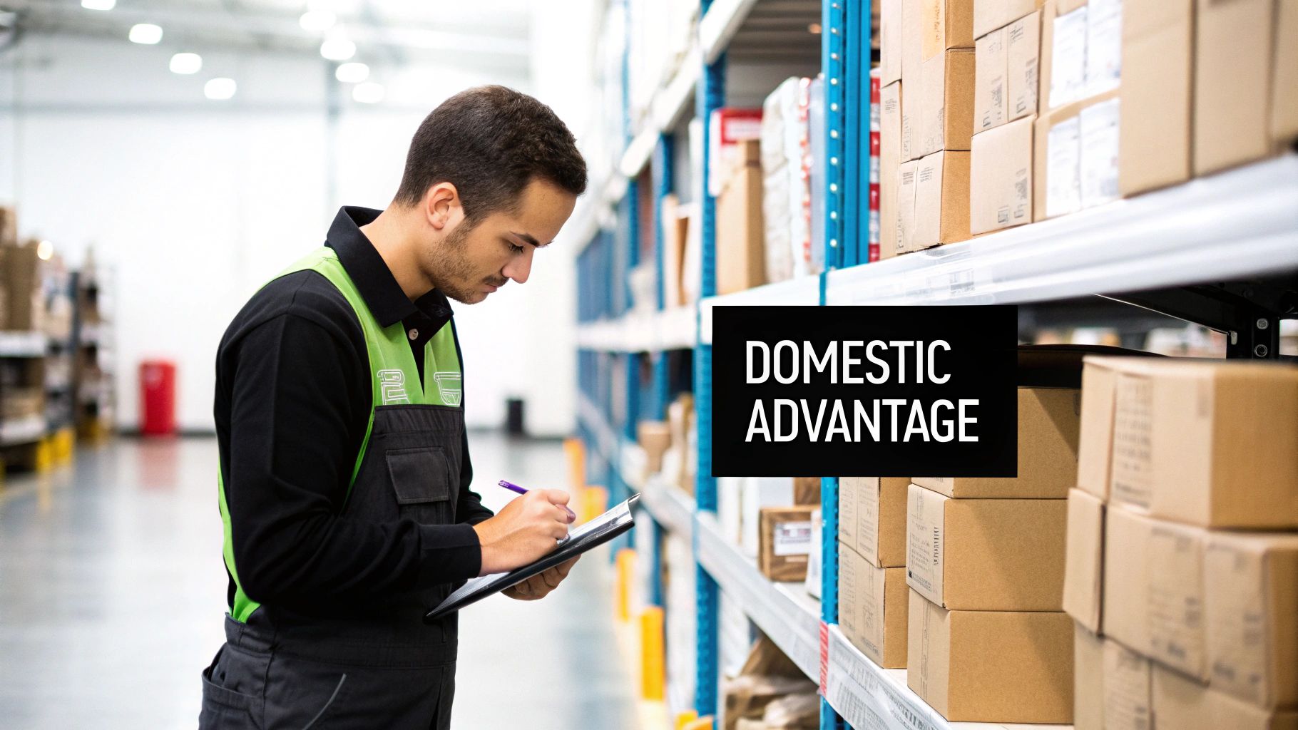 A young warehouse worker in a green and black uniform checks inventory on a clipboard amidst shelves of boxes.