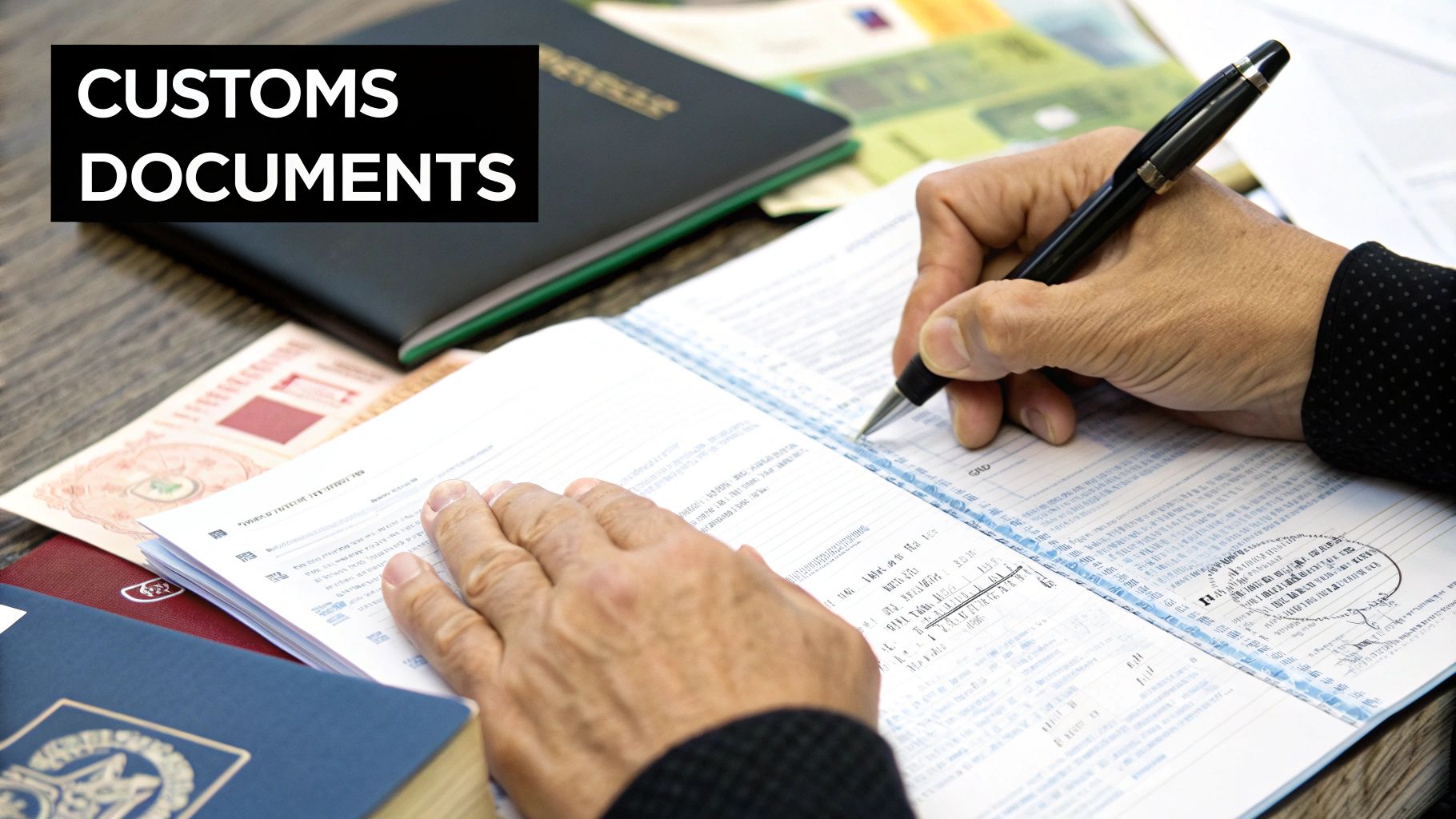 Person completing customs documents form with pen, passports and paperwork for international shipping