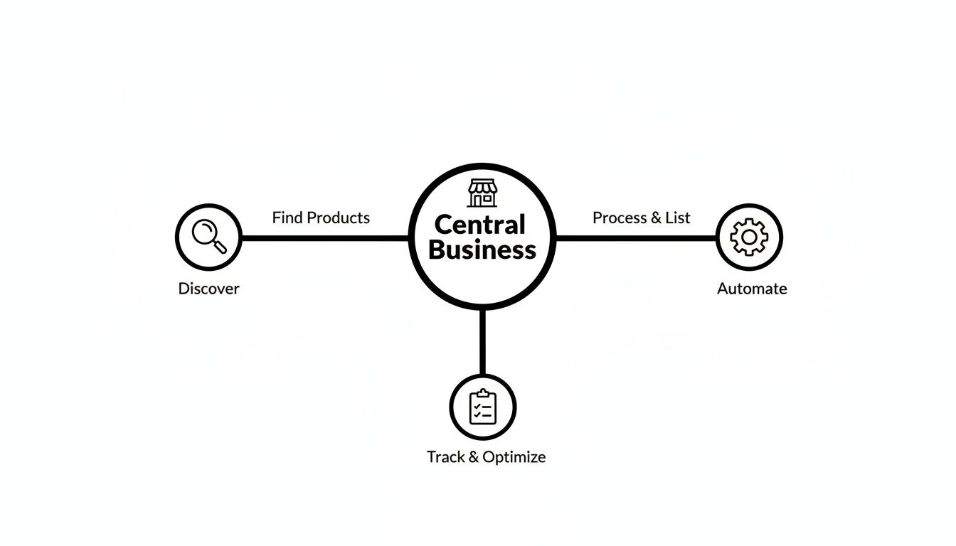A business process diagram illustrating central business operations connected to product discovery, processing, automation, tracking, and optimization.