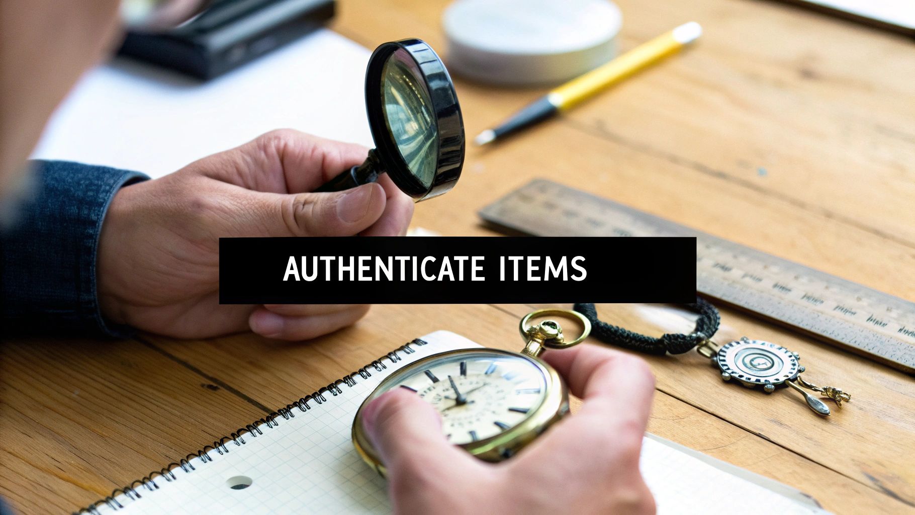 A person authenticating antique items like a pocket watch and other collectibles with a magnifying glass on a wooden desk.
