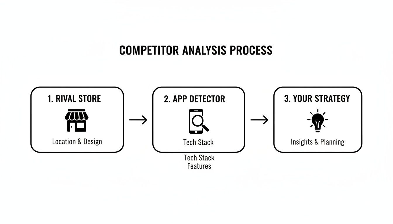 Flowchart illustrating a competitor analysis process with steps for rival store, app detector, and strategy.