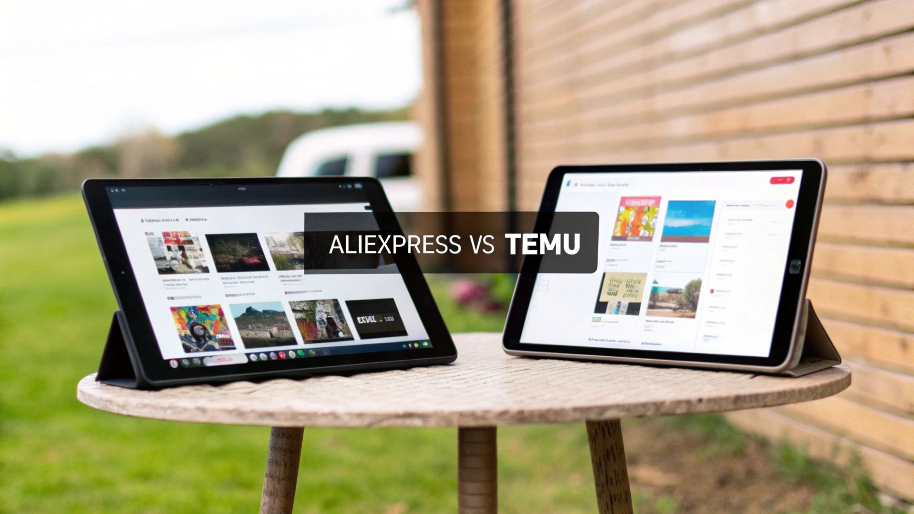 Two tablets on a rustic wooden table displaying AliExpress and Temu shopping apps outdoors.
