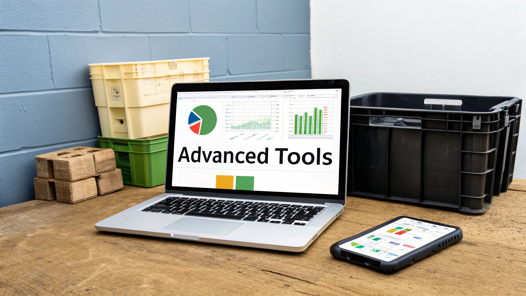 A laptop and smartphone display business charts and 'Advanced Tools' in a warehouse setting.