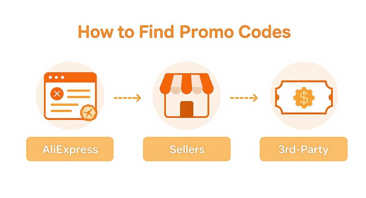 Infographic showing three ways to find promo codes: AliExpress website, sellers, and third-party sites