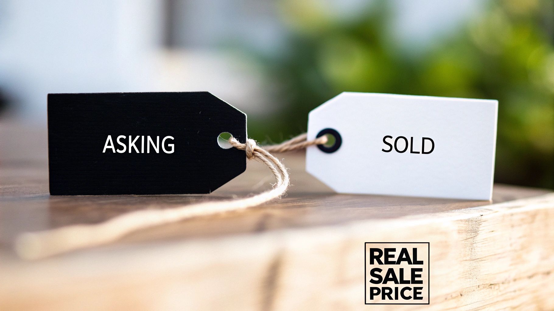 Black 'ASKING' and white 'SOLD' price tags tied together, symbolizing real estate sale prices.