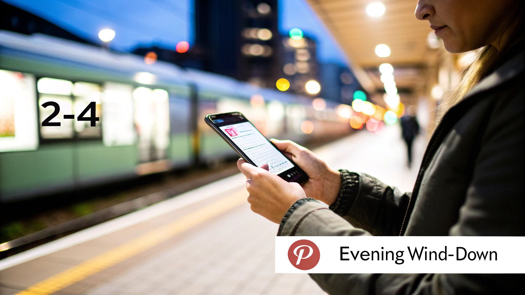 A person on a platform using a smartphone, with a blurred train in the background at night.