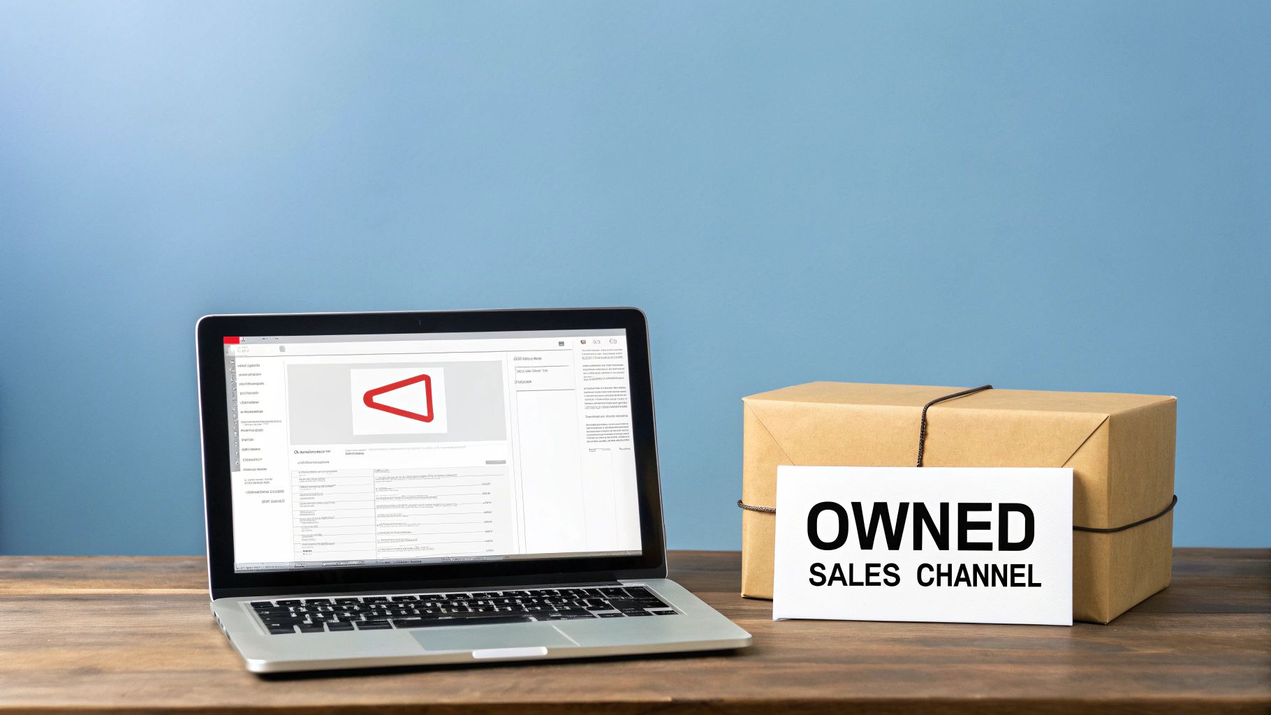 A laptop and a packaged box with an 'OWNED SALES CHANNEL' card on a wooden desk.